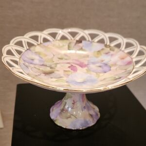 Floral Pedestal Compote with Gold Trim